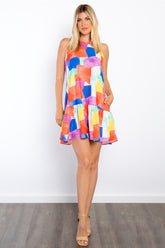 Be Stage Women's Abstract Print Mini Dress with Pockets - Summer Ruffle Hem Fashion